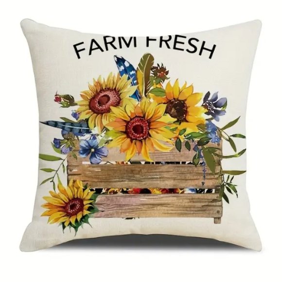 NEW FARMHOUSE FLORAL SUNFLOWER "FARM FRESH" LINEN BLEND PILLOW COVER 17.7" - Picture 1 of 3